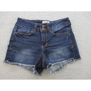 MUDD Jeans Womens JR Sz 3 Blue Denim Shorts 2" Inseam Stretch Raw Hem High Rise